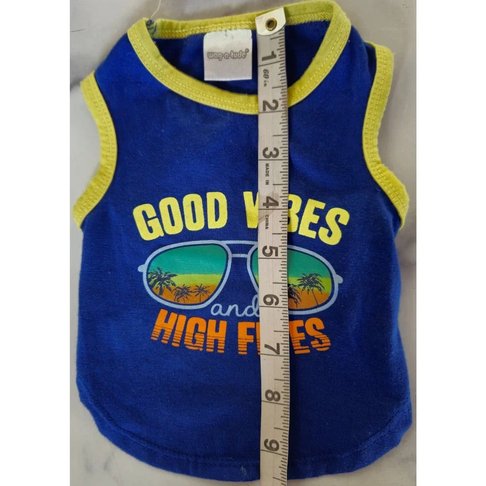 Puppy Dog Summer T Shirt XS Blue Yellow Good Vibes And‎ High Fives Beach Sun Tee